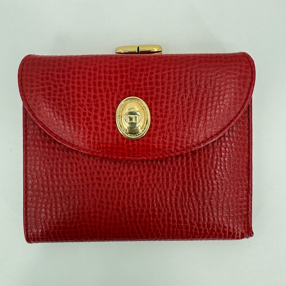 Dior Red Leather Bi-Fold Wallet with Gold CD Logo Clasp and Kiss Lock